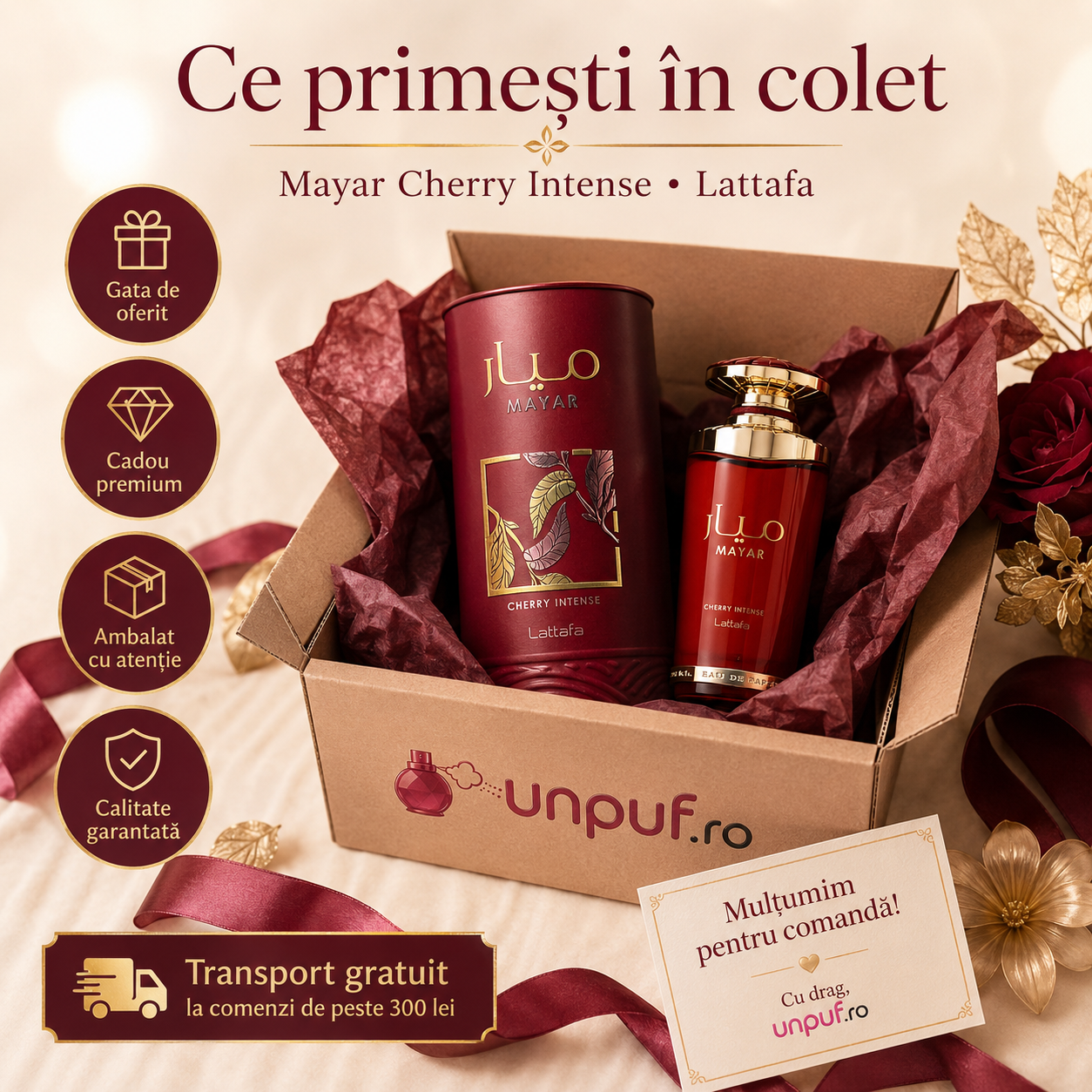 Prezentare parfum arabesc Lattafa Mayar Cherry Intense, design exclusiv, flacon elegant, aromă rafinată și persistență ridicată